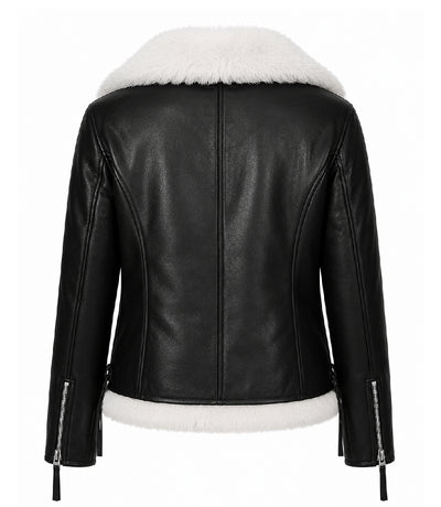 Women's Black Shearling Leather Aviator Jacket Back - Jacket Aura
