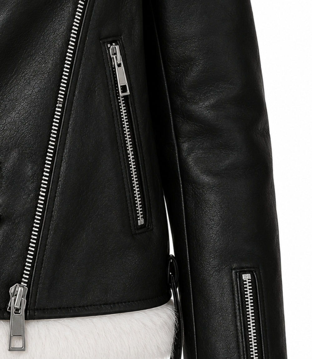 Women's Black Shearling Leather Aviator Jacket Closeup - Jacket Aura