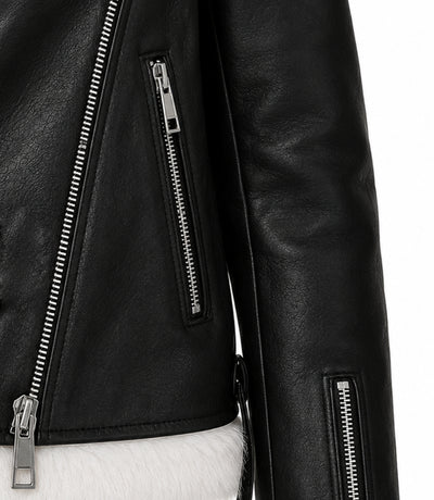 Women's Black Shearling Leather Aviator Jacket Closeup - Jacket Aura