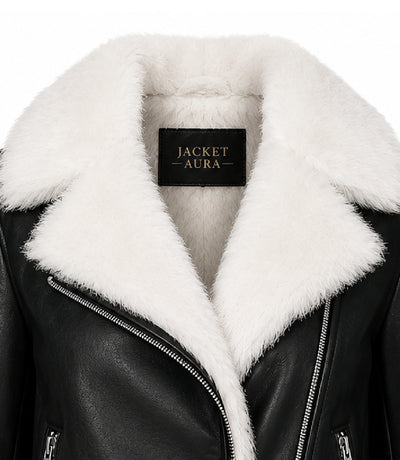 Women's Black Shearling Leather Aviator Jacket Collar - Jacket Aura