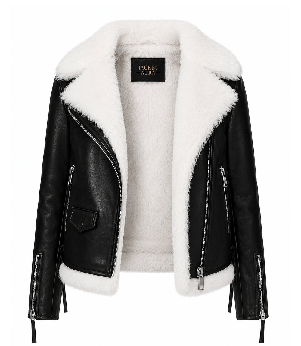 Women's Black Shearling Leather Aviator Jacket Front - Jacket Aura