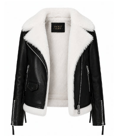 Women's Black Shearling Leather Aviator Jacket Front - Jacket Aura