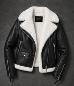 Women's Black Shearling Leather Aviator Jacket Front View - Jacket Aura