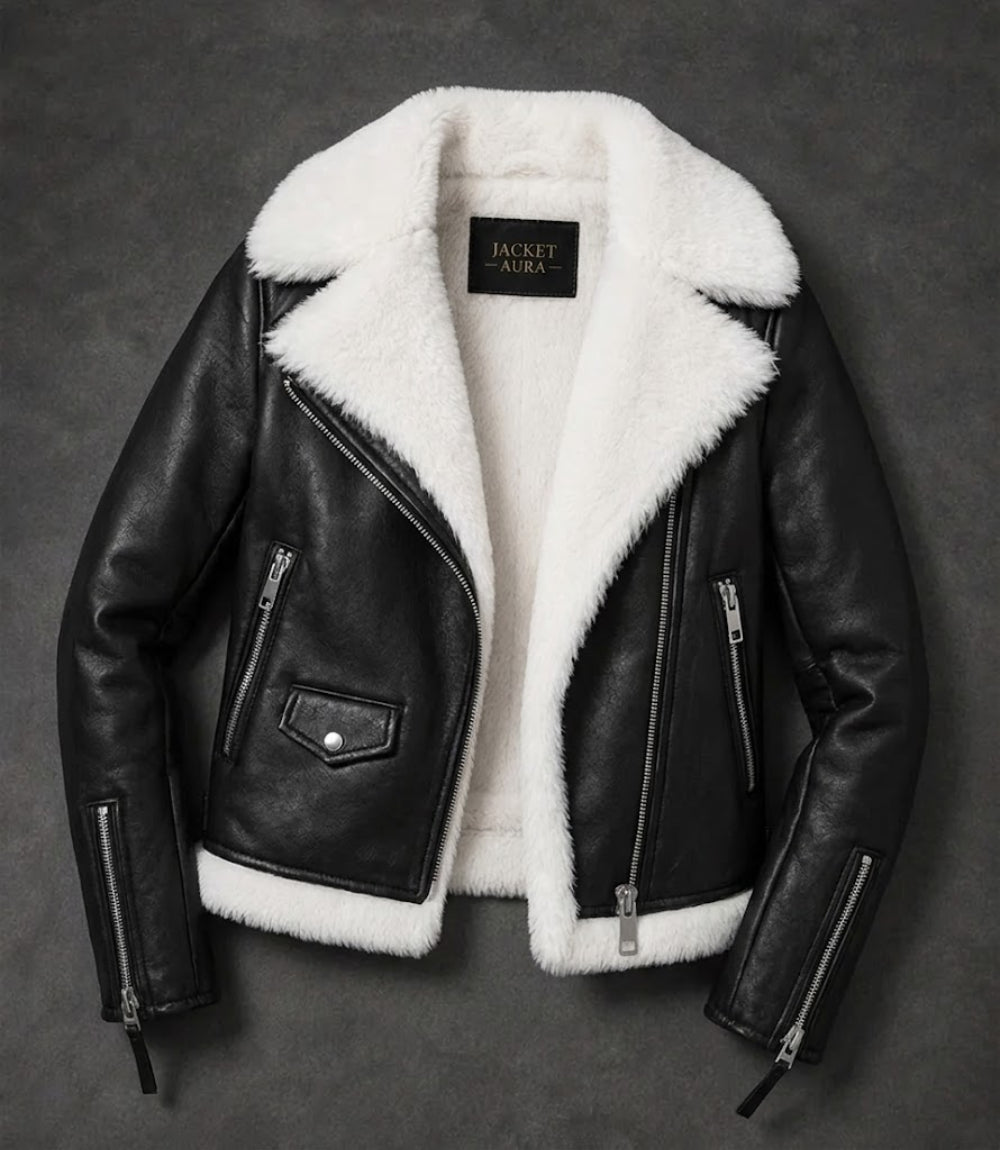 Women's Black Shearling Leather Aviator Jacket Front View - Jacket Aura