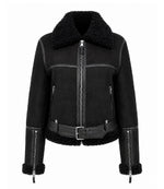 Women's Black Sheepskin Leather Aviator Jacket - Jacket Aura