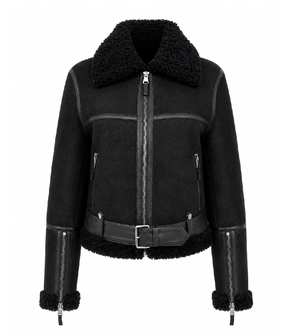 Women's Black Sheepskin Leather Aviator Jacket - Jacket Aura