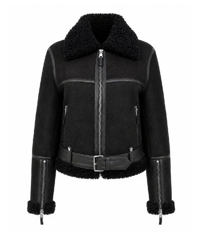 Women's Black Sheepskin Leather Aviator Jacket - Jacket Aura