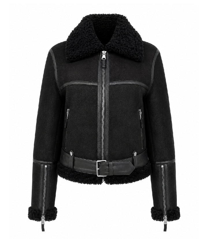 Women's Black Sheepskin Leather Aviator Jacket - Jacket Aura