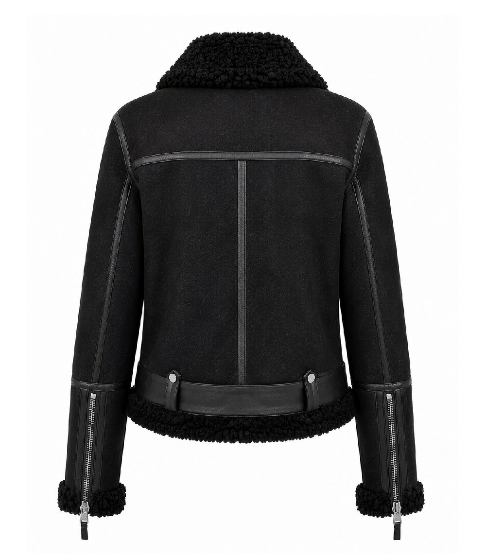 Women's Black Sheepskin Leather Aviator Jacket Back - Jacket Aura