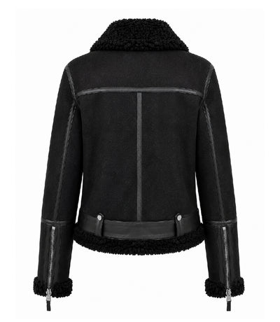 Women's Black Sheepskin Leather Aviator Jacket Back - Jacket Aura