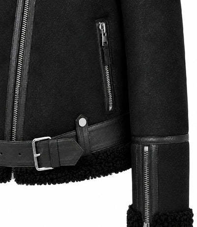 Women's Black Sheepskin Leather Aviator Jacket Closeup - Jacket Aura