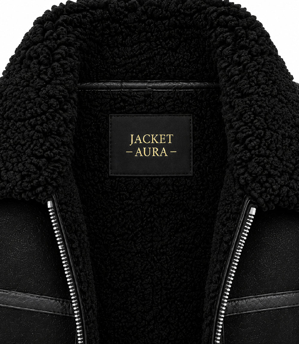 Women's Black Sheepskin Leather Aviator Jacket Collar - Jacket Aura