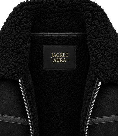 Women's Black Sheepskin Leather Aviator Jacket Collar - Jacket Aura