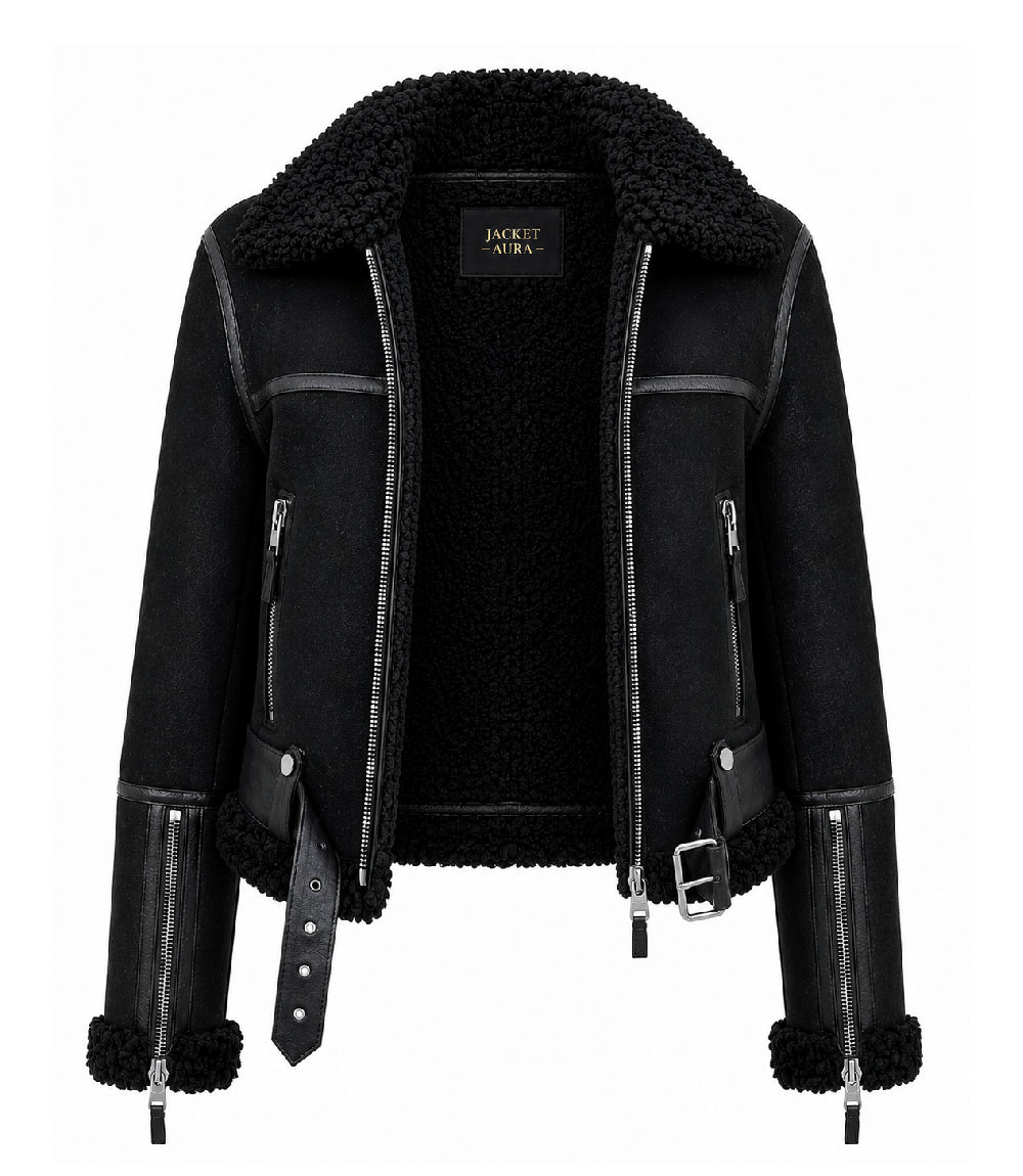 Women's Black Sheepskin Leather  Aviator Jacket Front - Jacket Aura