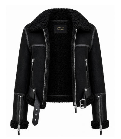 Women's Black Sheepskin Leather  Aviator Jacket Front - Jacket Aura