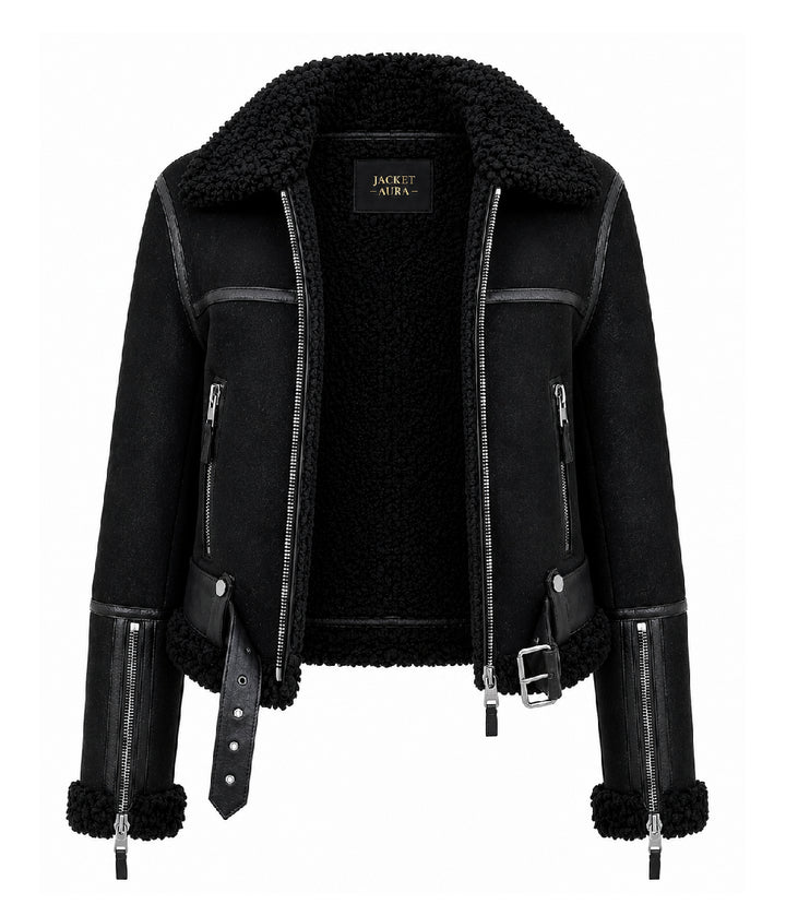 Women's Black Sheepskin Leather  Aviator Jacket Front - Jacket Aura