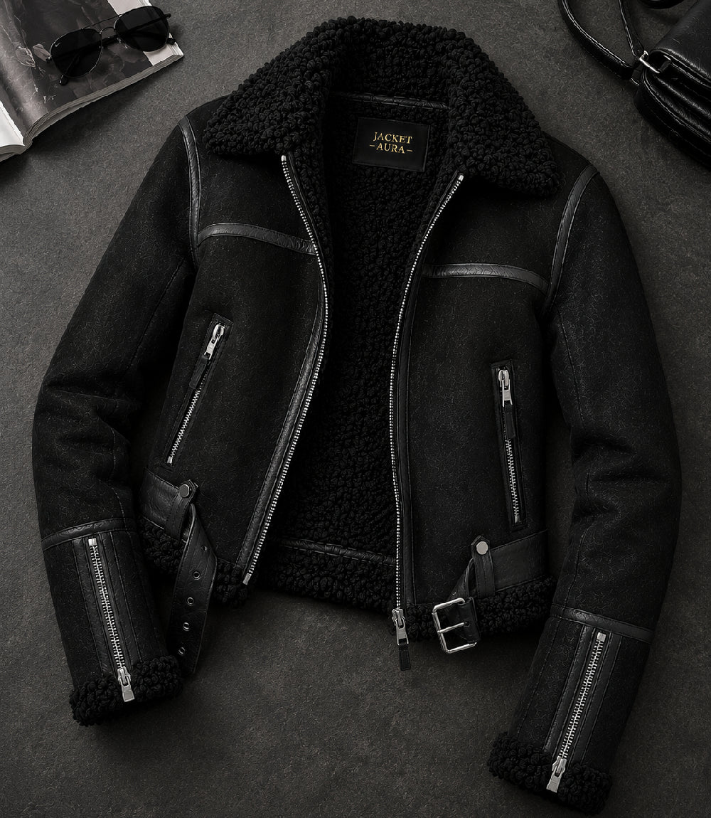 Women's Black Sheepskin Leather Aviator Jacket Front View - Jacket Aura