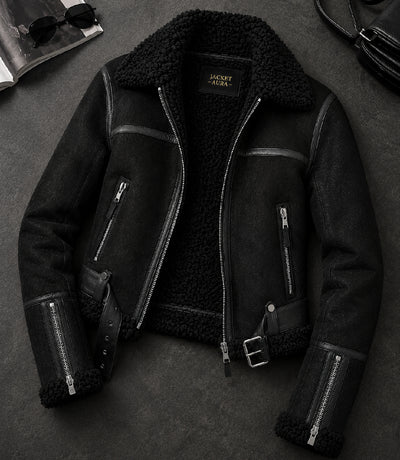 Women's Black Sheepskin Leather Aviator Jacket Front View - Jacket Aura
