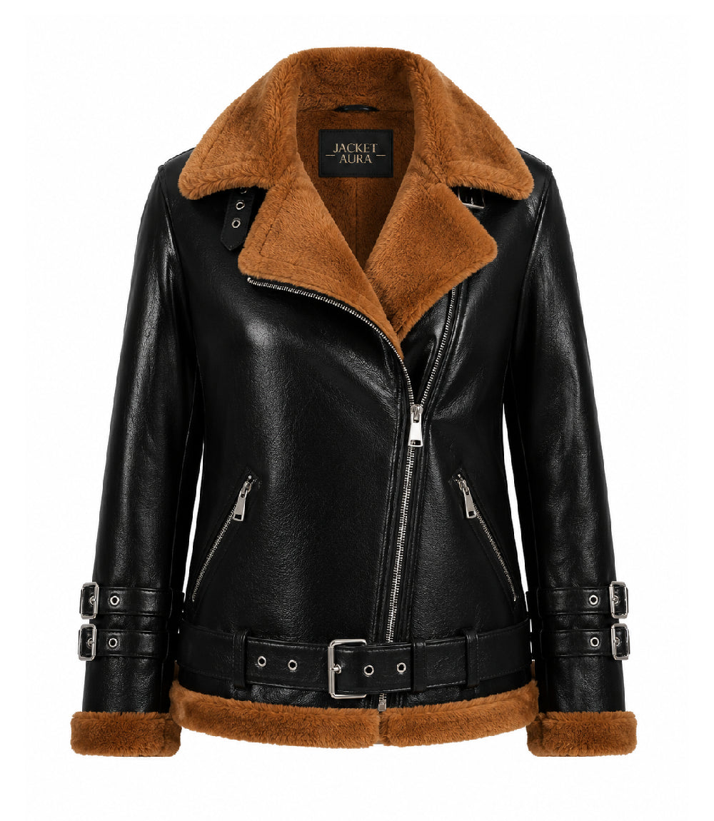 Women's Black and Brown Leather Shearling Jacket - Jacket Aura