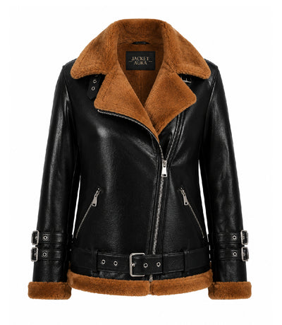 Women's Black and Brown Leather Shearling Jacket - Jacket Aura