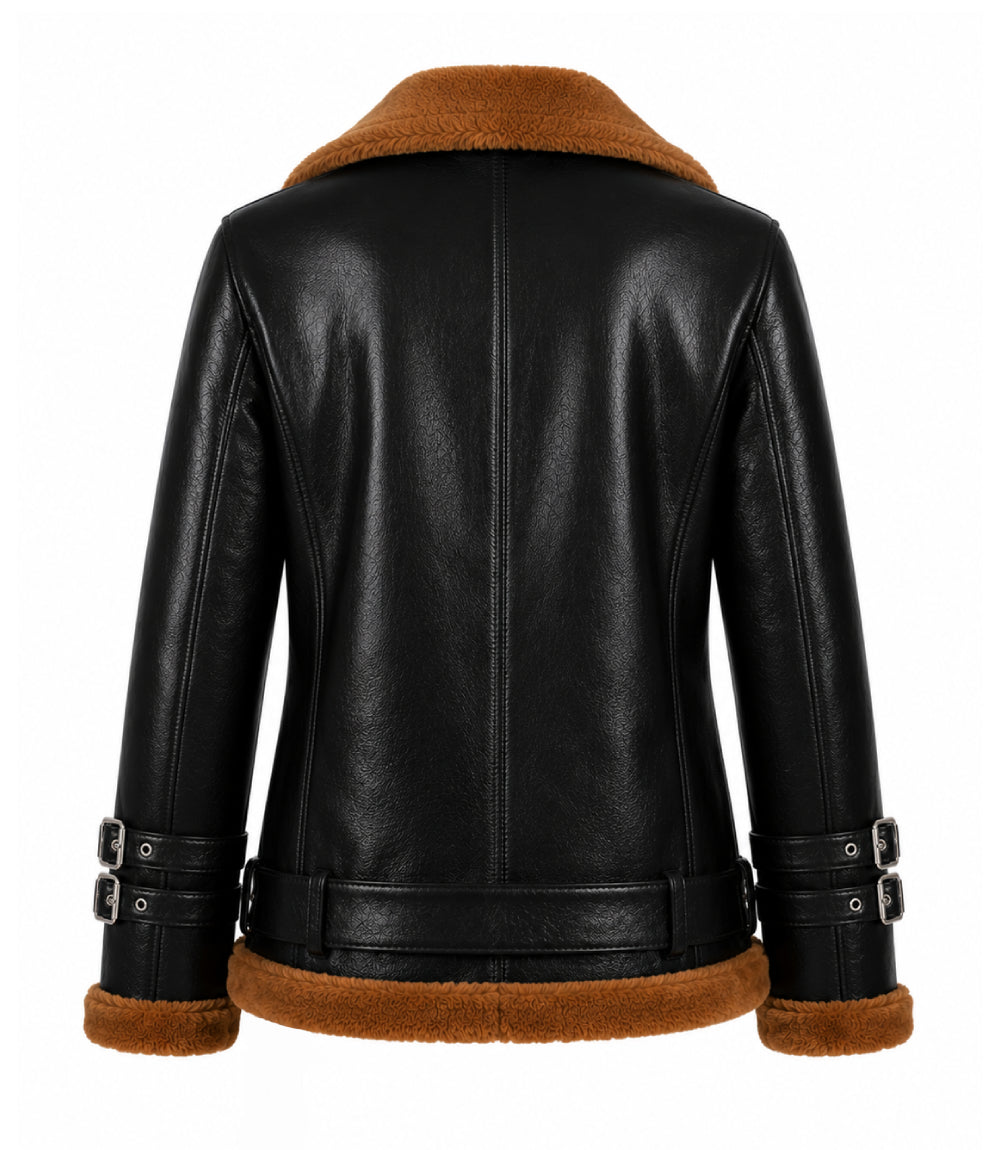 Women's Black and Brown Leather Shearling Jacket Back - Jacket Aura