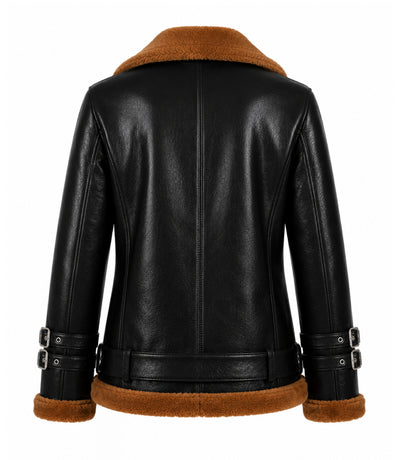 Women's Black and Brown Leather Shearling Jacket Back - Jacket Aura