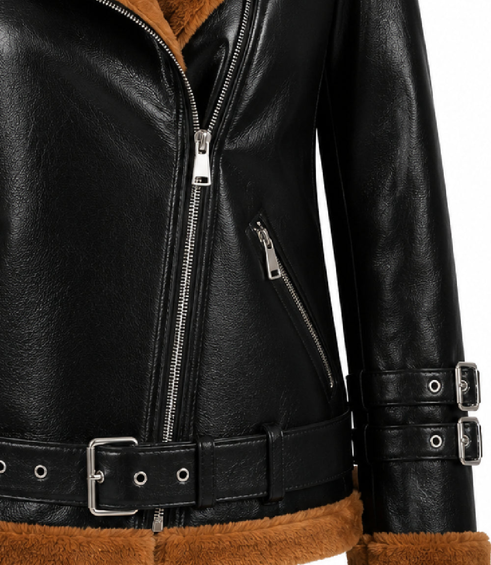Women's Black and Brown Leather Shearling Jacket Closeup - Jacket Aura