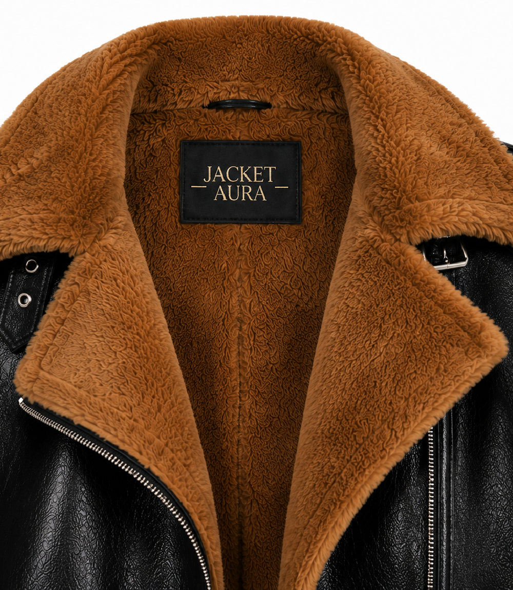 Women's Black and Brown Leather Shearling Jacket Collar - Jacket Aura