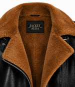 Women's Black and Brown Leather Shearling Jacket Collar - Jacket Aura