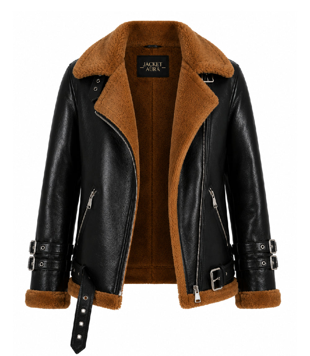 Women's Black and Brown Leather Shearling Jacket Front - Jacket Aura