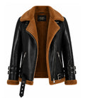 Women's Black and Brown Leather Shearling Jacket Front - Jacket Aura