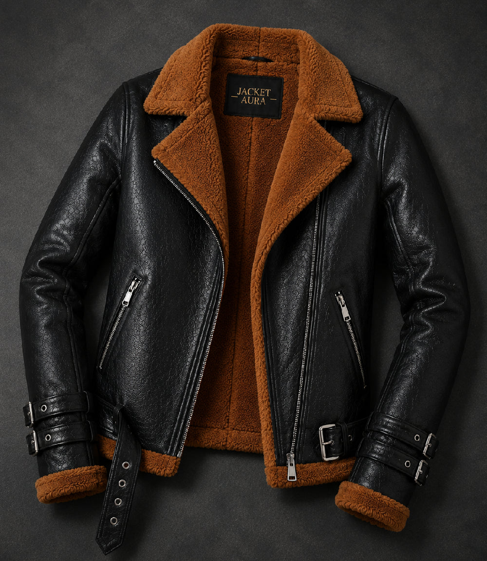 Women's Black and Brown Leather Shearling Jacket Front View - Jacket Aura