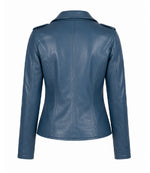 Women's Blue Leather Biker Jacket Back - Jacket Aura