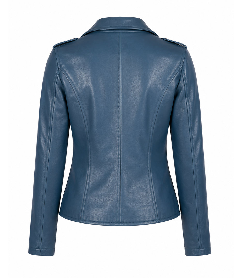 Women's Blue Leather Biker Jacket Back - Jacket Aura