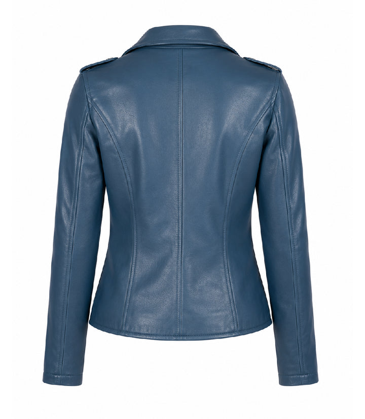 Women's Blue Leather Biker Jacket Back - Jacket Aura