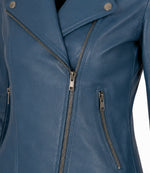 Women's Blue Leather Biker Jacket Closeup - Jacket Aura