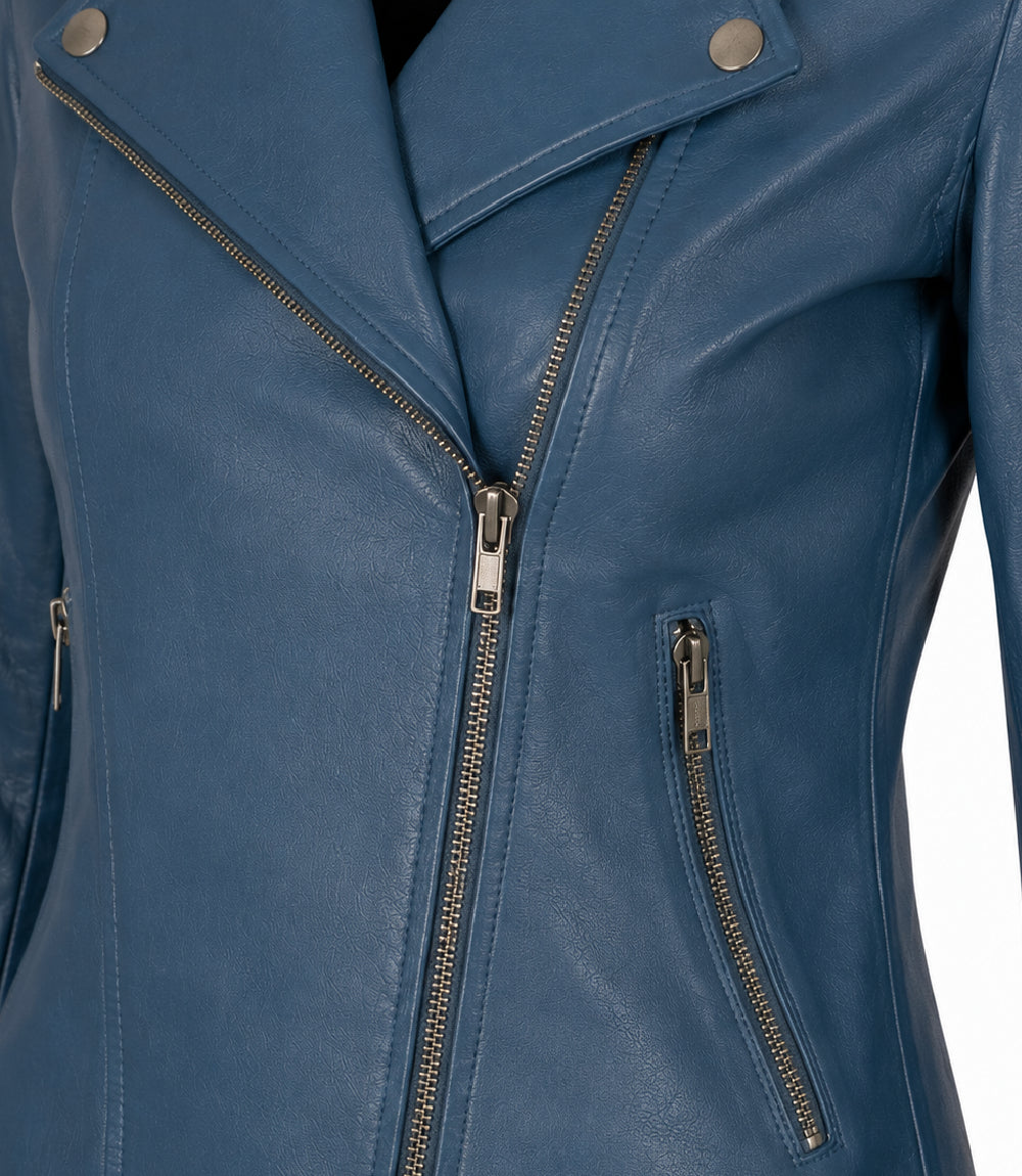 Women's Blue Leather Biker Jacket Closeup - Jacket Aura