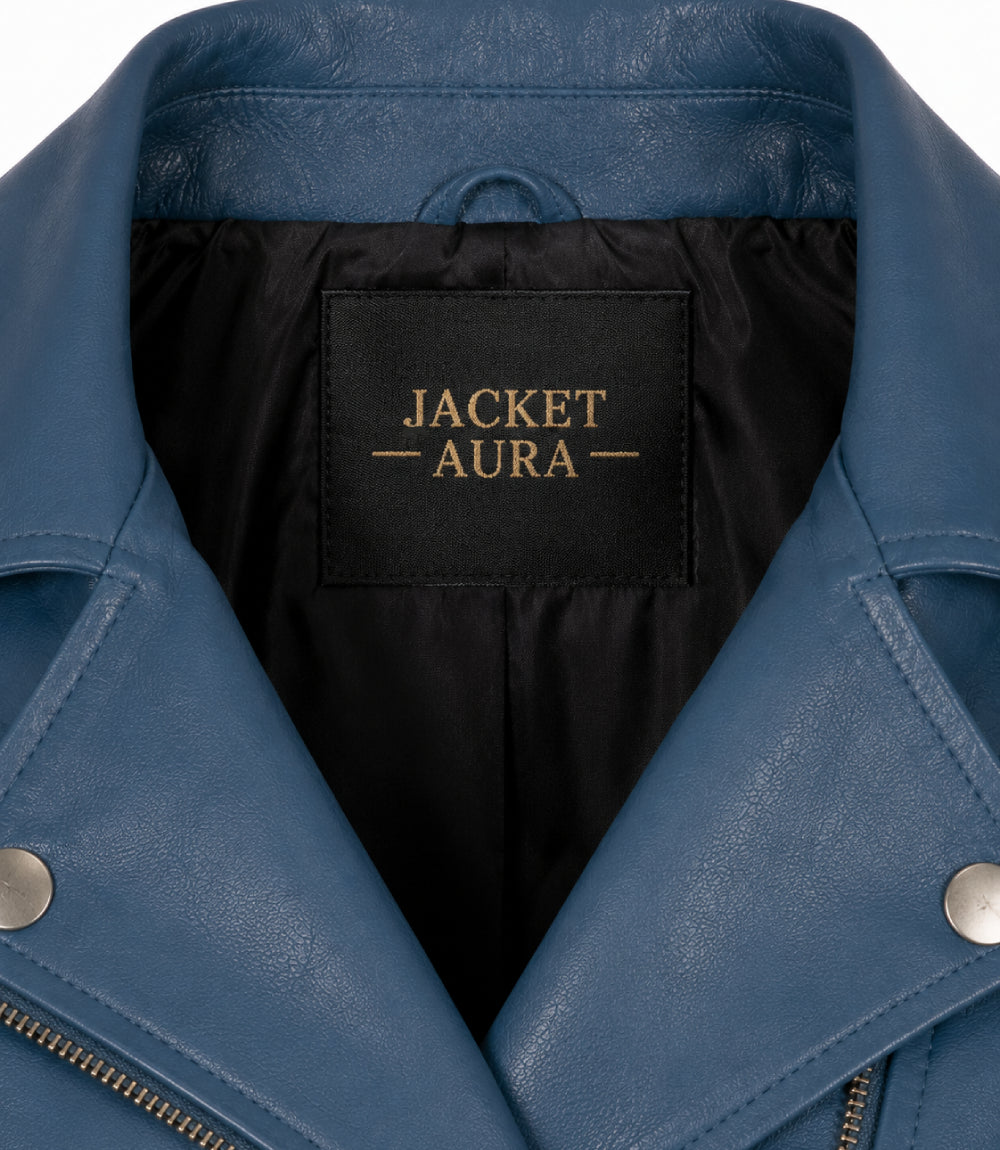 Women's Blue Leather Biker Jacket Collar - Jacket Aura