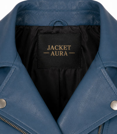 Women's Blue Leather Biker Jacket Collar - Jacket Aura