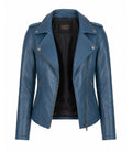 Women's Blue Leather Biker Jacket Front - Jacket Aura