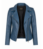 Women's Blue Leather Biker Jacket Front - Jacket Aura