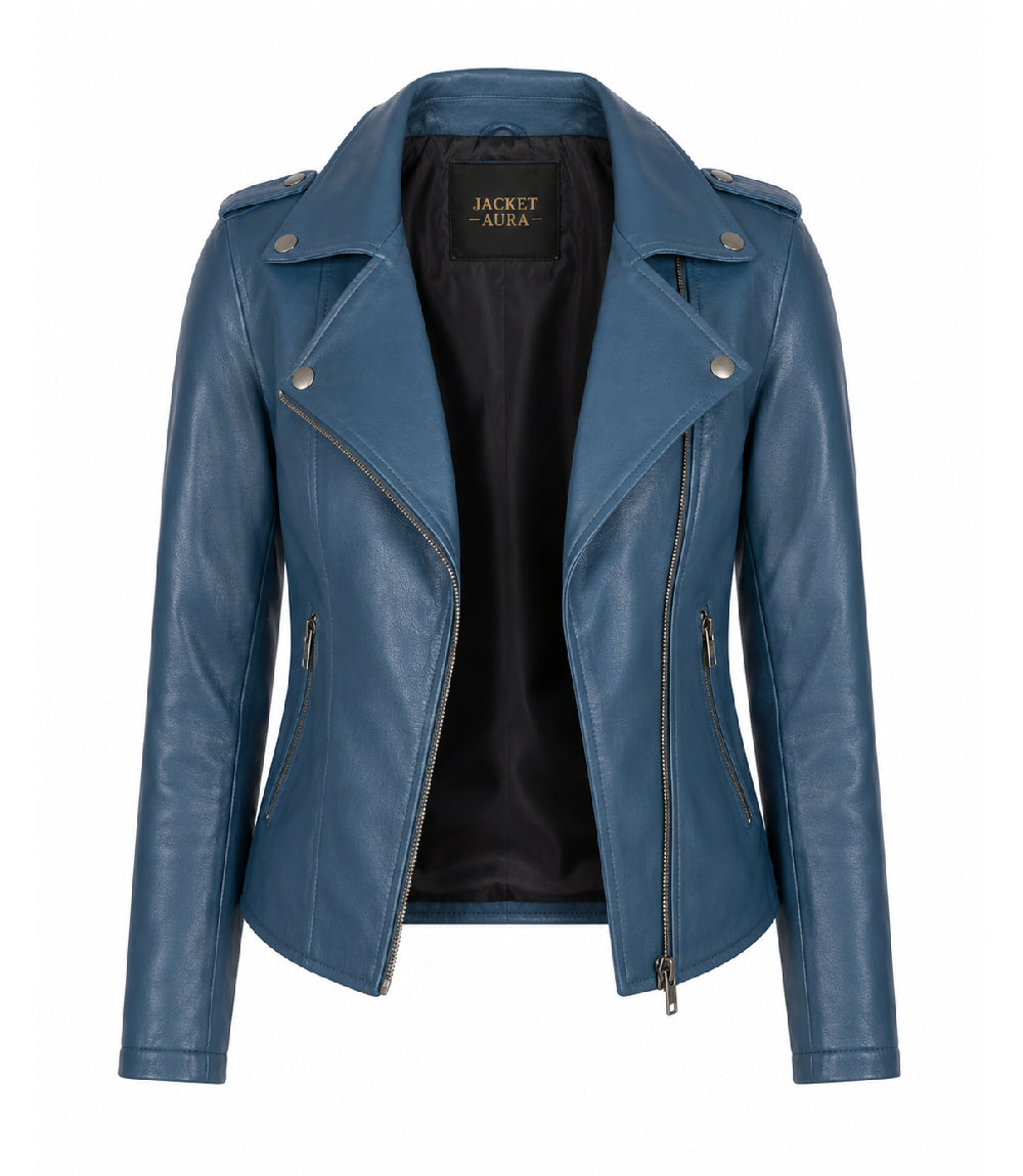 Women's Blue Leather Biker Jacket Front - Jacket Aura