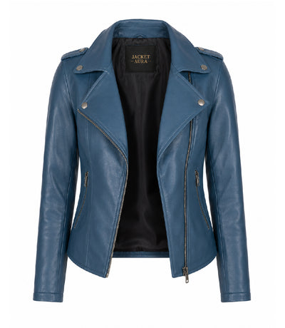 Women's Blue Leather Biker Jacket Front - Jacket Aura