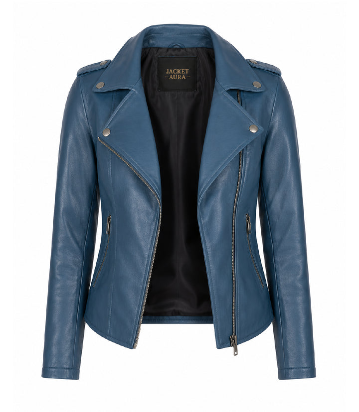 Women's Blue Leather Biker Jacket Front - Jacket Aura