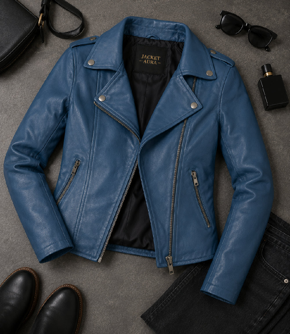 Women's Blue Leather Biker Jacket Front View - Jacket Aura