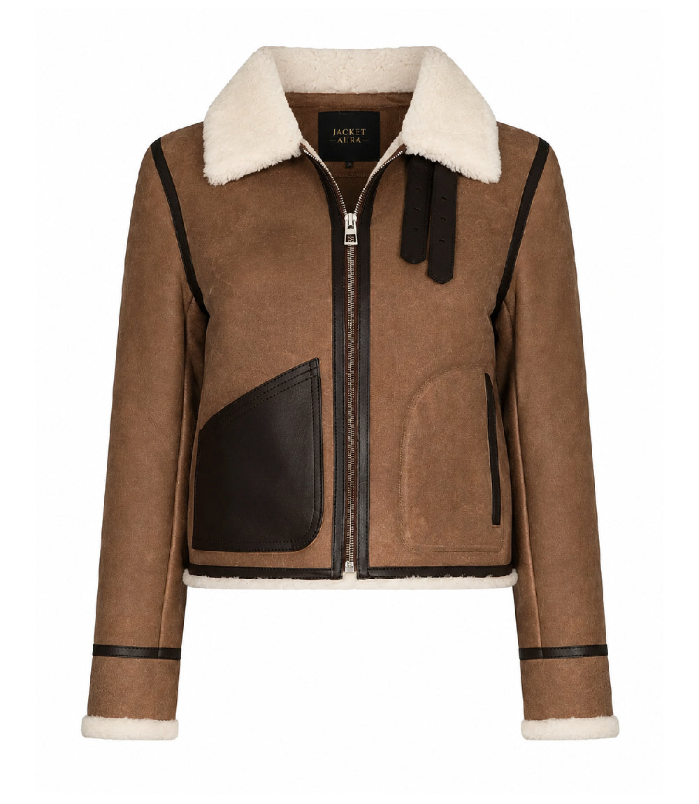 Women's Brown Cropped Shearling Aviator Jacket - Jacket Aura