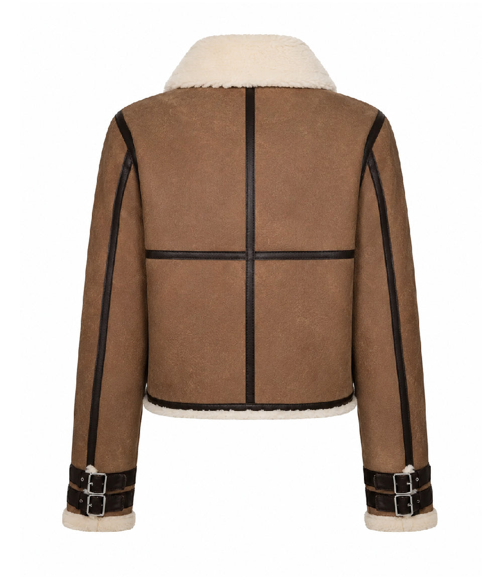 Women's Brown Cropped Shearling Aviator Jacket Back - Jacket Aura