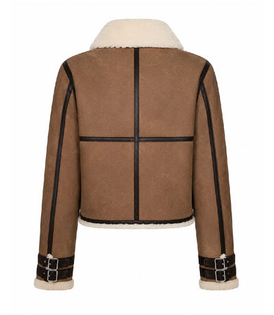 Women's Brown Cropped Shearling Aviator Jacket Back - Jacket Aura