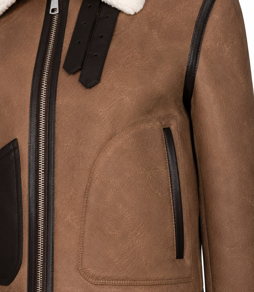 Womens Brown Cropped Shearling Aviator Jacket Closeup - Jacket Aura