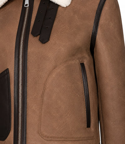 Womens Brown Cropped Shearling Aviator Jacket Closeup - Jacket Aura